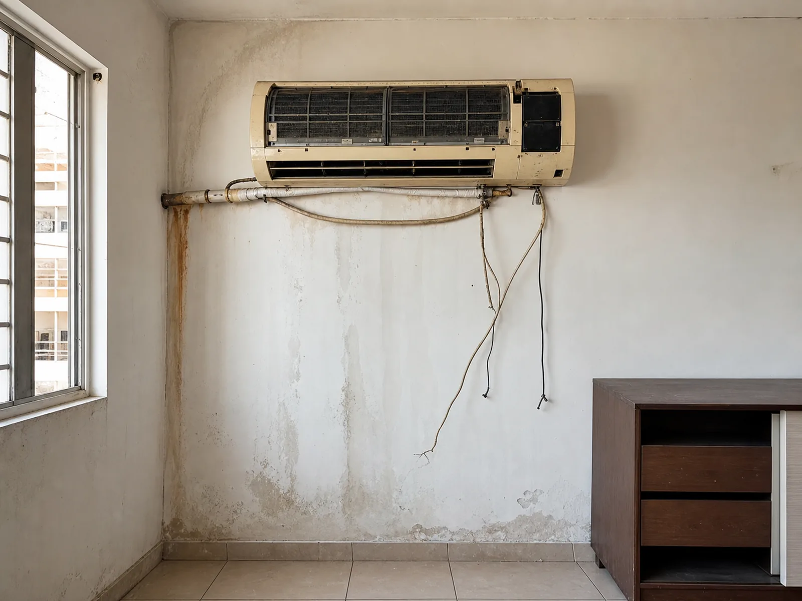 El cuarto antes de la instalación: equipo viejo, cables sueltos y sin aire acondicionado