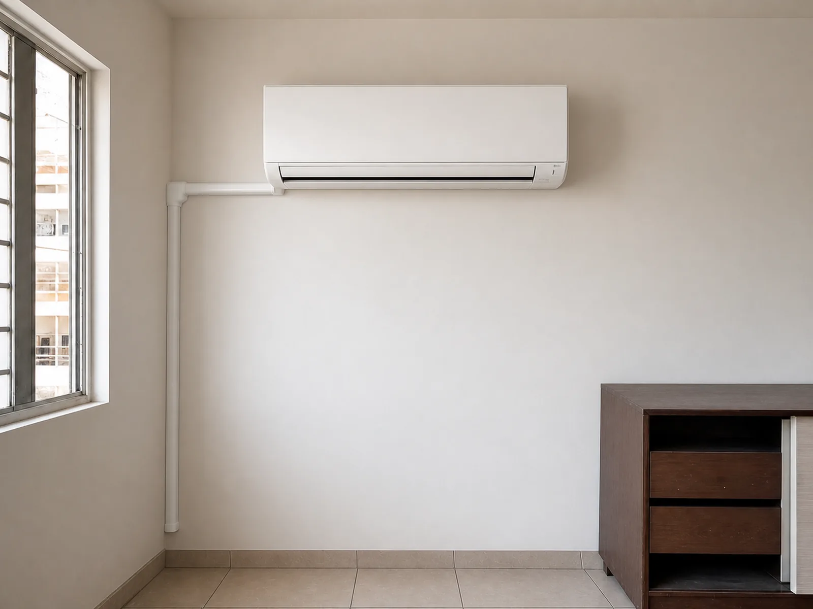 El mismo cuarto con el split ya instalado: cableado ordenado, tubería prolija y equipo nuevo funcionando