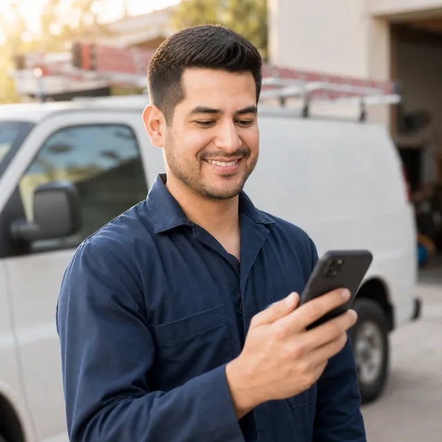 El instalador sonríe al ver una buena reseña de un cliente en su teléfono